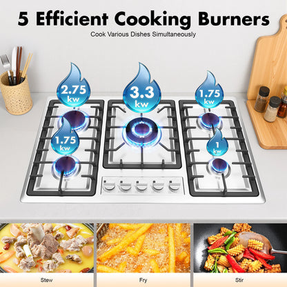 5-Burner Natural Gas Cooktop Drop-In Fierce Fire Kitchen Gas Stove with Flame Failure Protection Stainless Steel Gas Stove