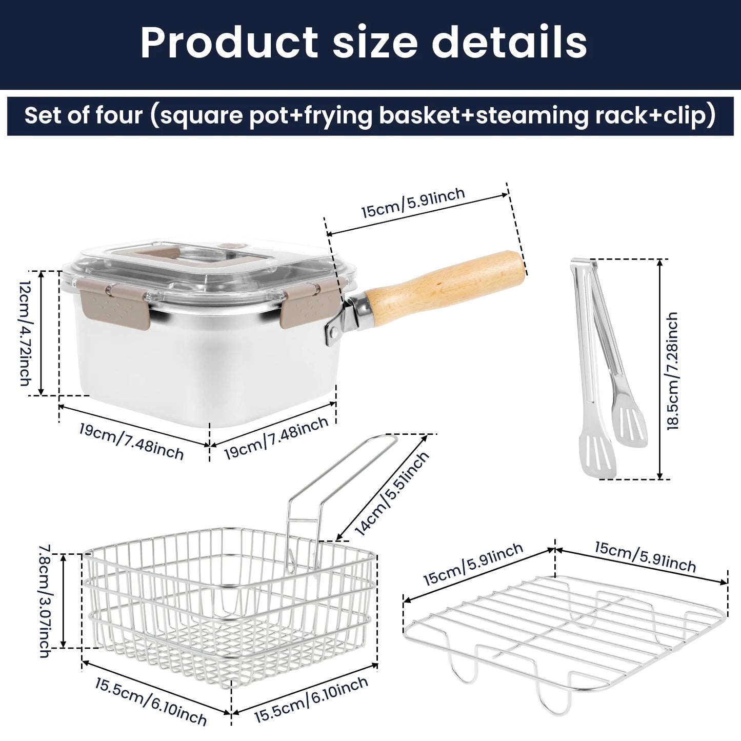 Deep Fryer Pot Stainless Steel Frying Pan Oil Saving Square Deep Frying Pan with Basket and Handle Versatile Deep Fryer with Lid