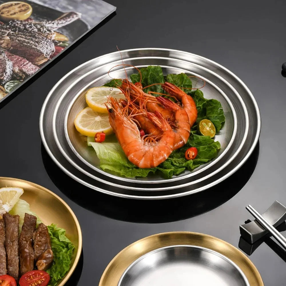 4Pcs Stainless Steel Plate Tray, Dining Tray, Steak Plate, Barbecue Plate, Korean Stainless Steel Circular Barbecue Plate