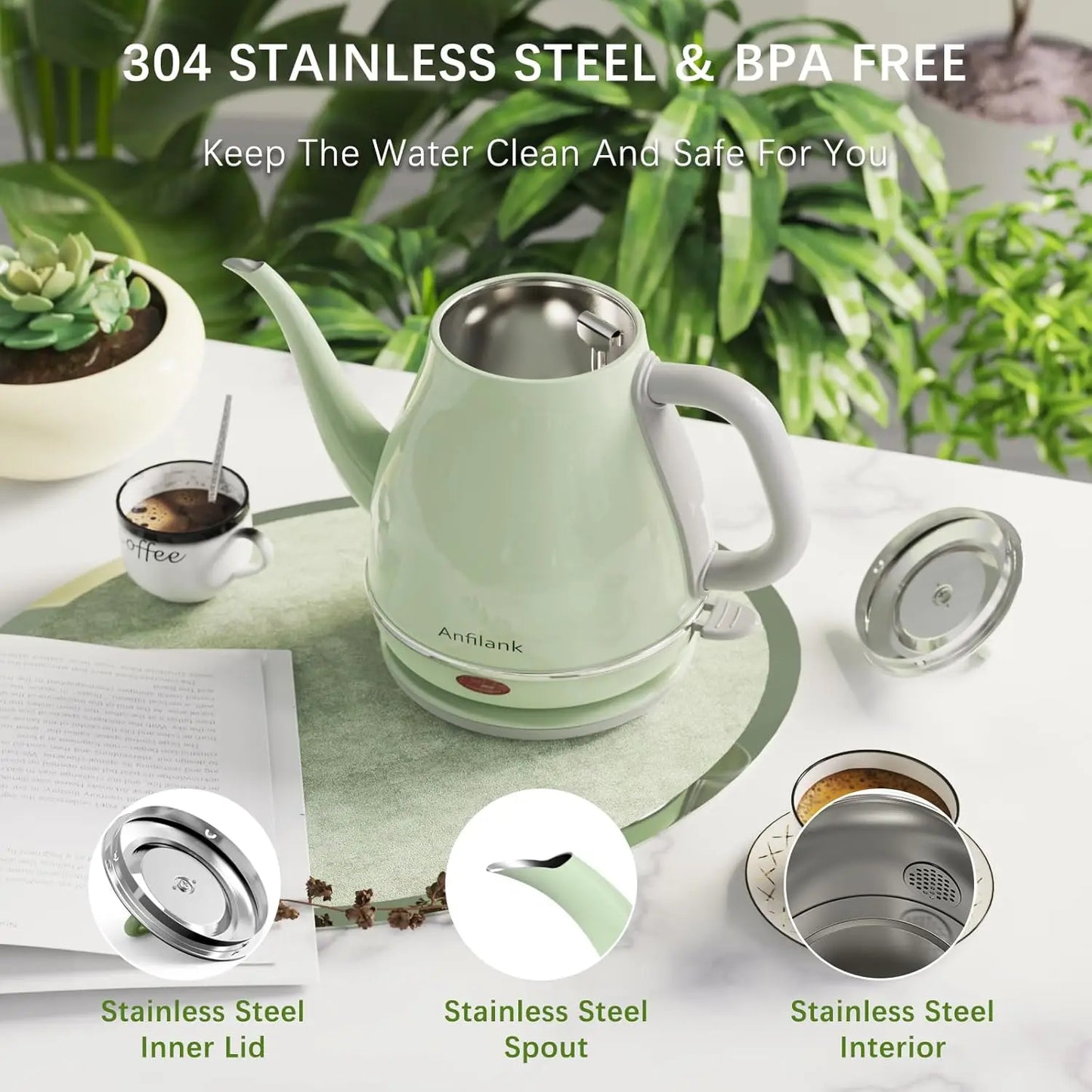 1L Electric Gooseneck Kettle, 1500W Fast Boil, Stainless Steel BPA-Free for Coffee & Tea with Auto Shut-Off