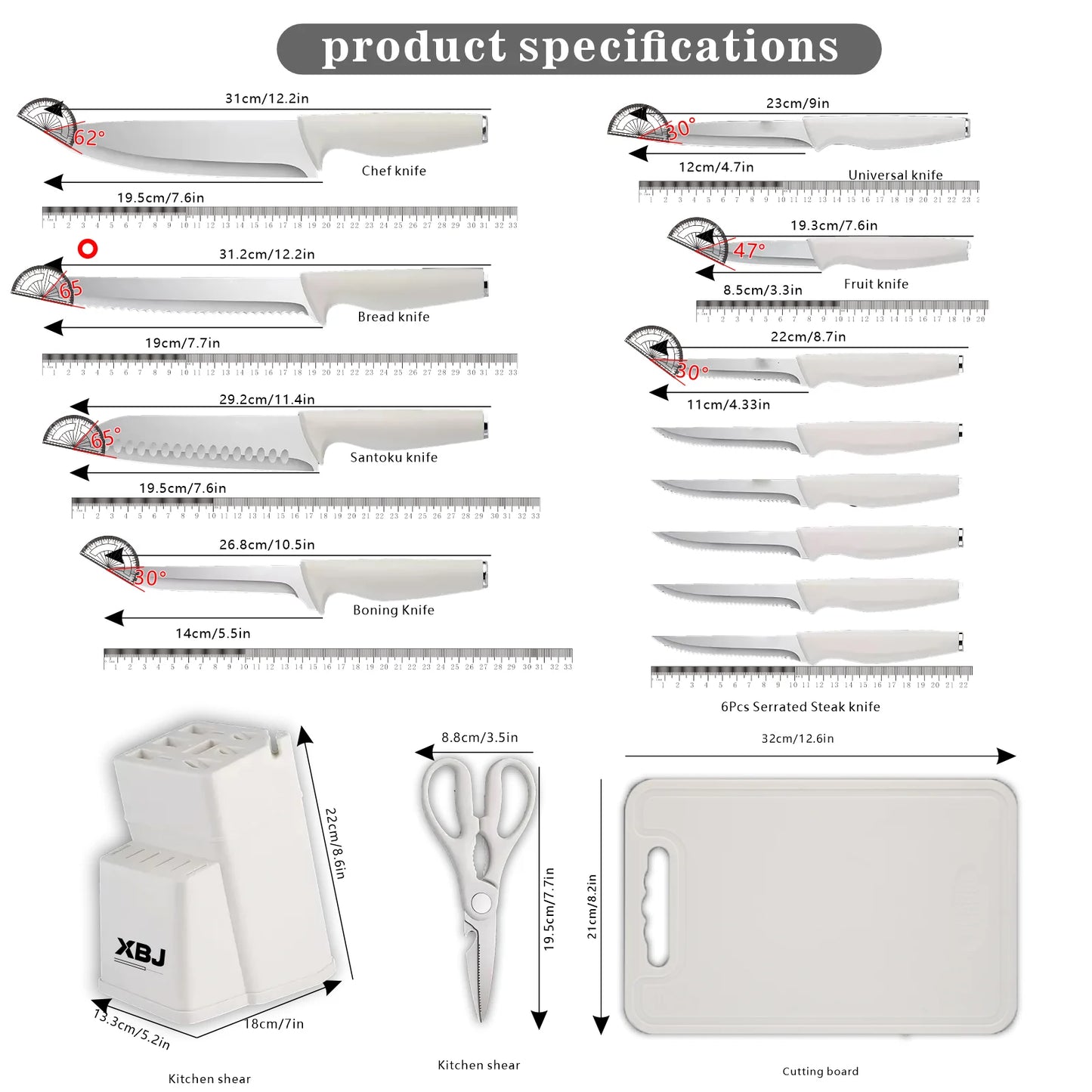 15PCS Kitchen Knife Set with Block & Sharpener, Stainless Steel Knives, Dishwasher Safe, Rust Resistant, Ergonomic Handle