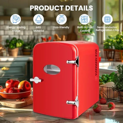 Portable Mini Fridge, 4 Liter 6 Can Cooler and Warmer Compact Refrigerators, with Observation Window, 100% Freon-Free and Eco F