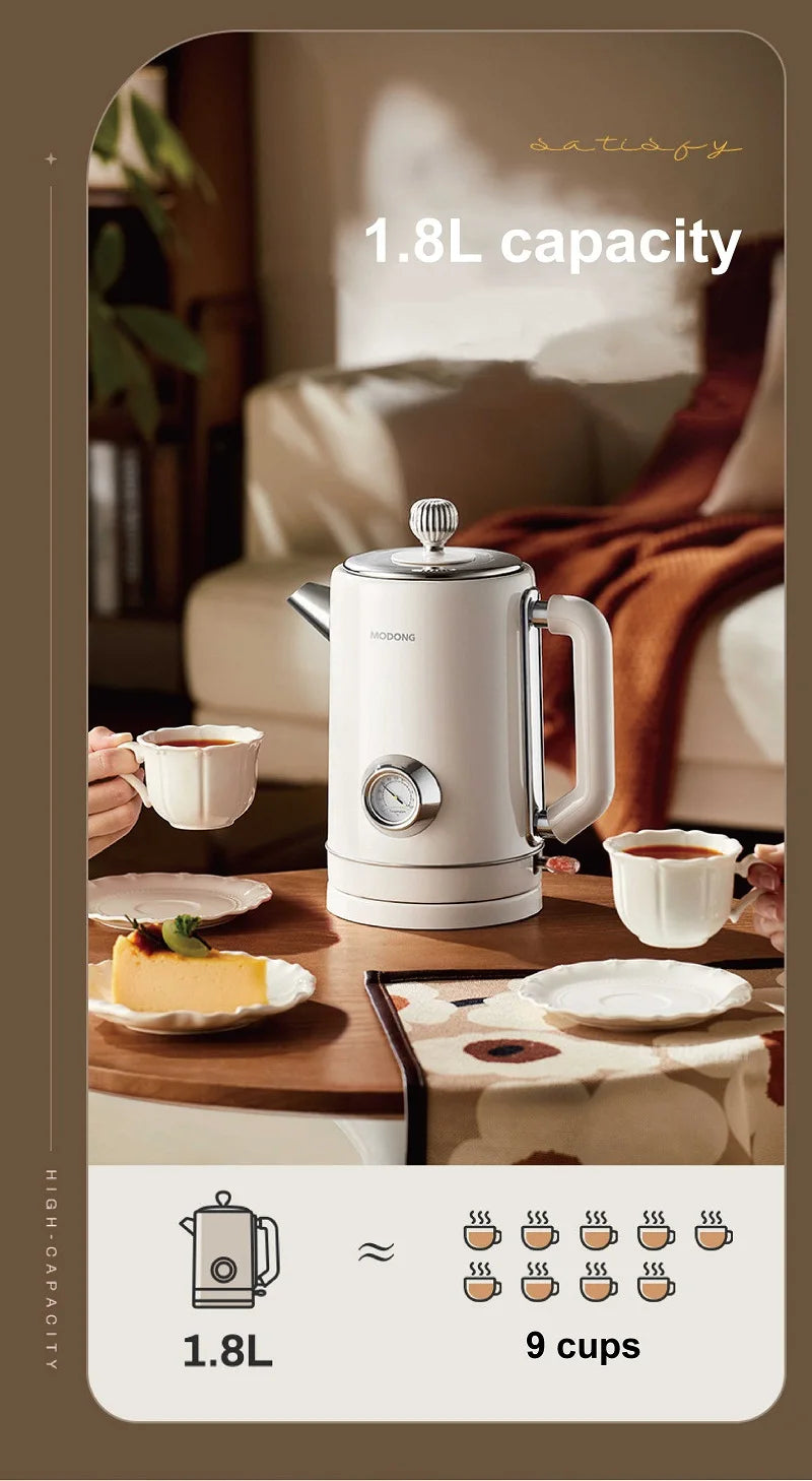 1500W Vintage Electric Kettle 304 stainless steel Fast Heating Water Boiler With Thermometer Home Water Boiling Cooking Pot 1.8L