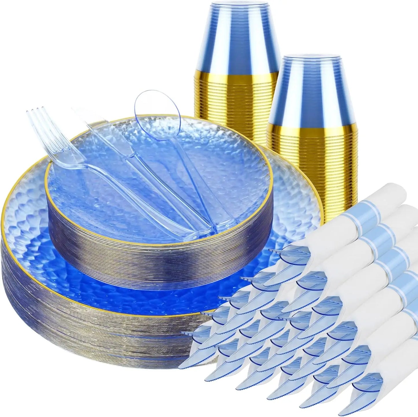 175PCS Gold and Blue Plastic Dinnerware Set – Clear Blue Disposable Plate with Gold Rim Include Dinner Plates, Dessert Plate