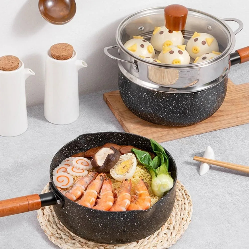 Cookware Non-Stick Milk Pot Wood Handle with Lid and Pour Spout Soup Pot Universal Flat Bottom Cooking Saucepan Noodles