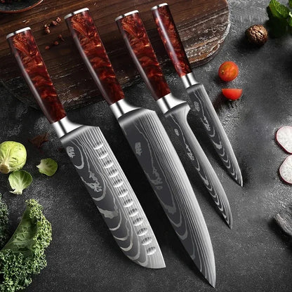 Damascus Pattern Knives Set Stainless Steel Chef Knife Japanese Santoku Knife Boning Knife Meat Cleaver Household Bread Knives