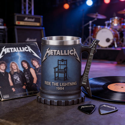 Metallica Ride The Lightning 1984 Collectible Mug, Guitar Handle Stainless Steel Lined Beer Stein, Heavy Metal Rock Fan Gift