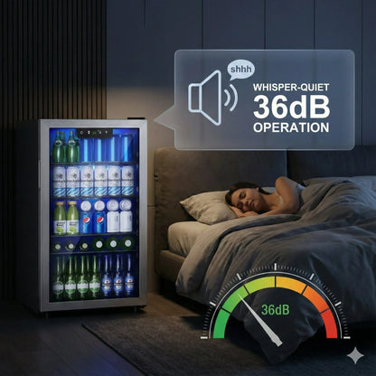 125-Can Beverage Refrigerator and Cooler with Glass Door in Silver, 17.3 in D x 31.5 in H, Energy-Efficient and Durable Mini Fridge for Home, Kitchen, Office, or Bar, Ideal for Soda, Beer, Water, and Drinks Storage, Stylish,
