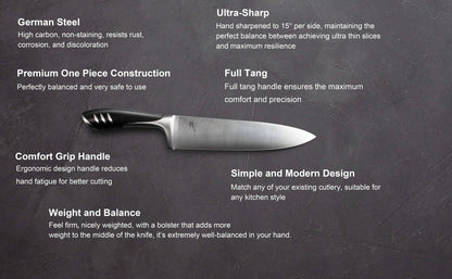 Premium 8-piece German 1.4116 Stainless Steel Kitchen Knives Sets Double Forged Full Tang Chef Knife Set With Rubber Wood Block
