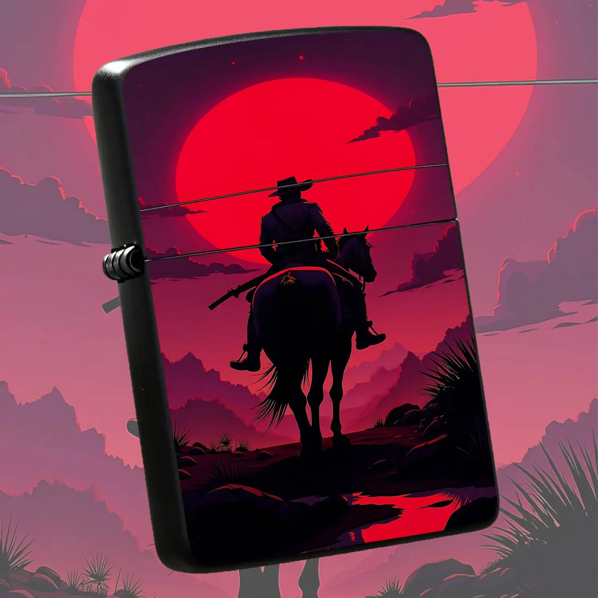 Western Cowboy Rider Horse Silhouette Lighter, Red Sunset Desert Retro Aesthetic Art Pattern Portable Lighter, Ideal For Daily Outdoor Travel Camping, Exquisite Unique Gift For Men And Women, Decorative Practical Access A Hum