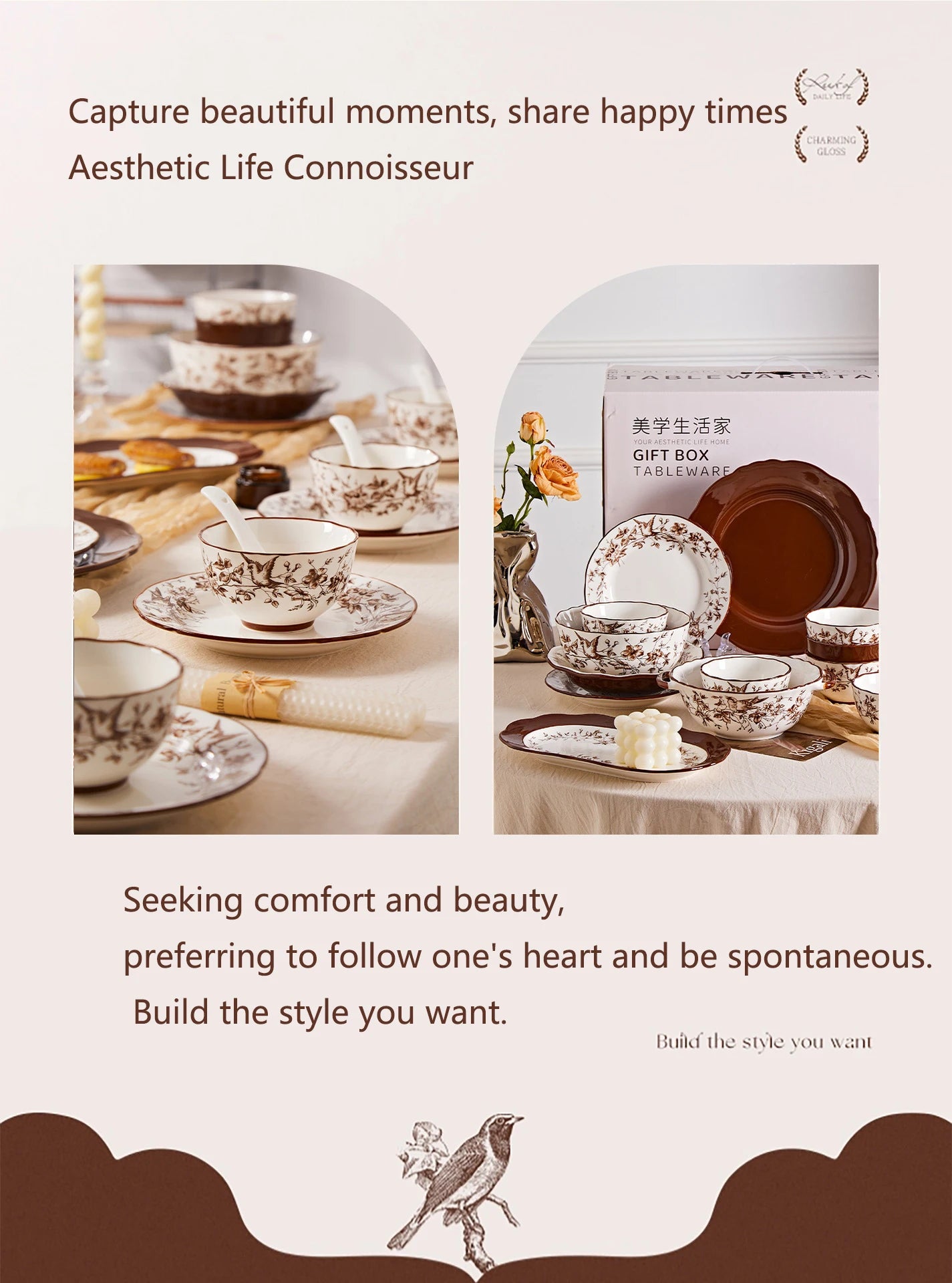 Retro Rose Household Anti-Slip full travel dish set is very luxurious luxury bowl kitchen dinner sets ceramic plates porcelain