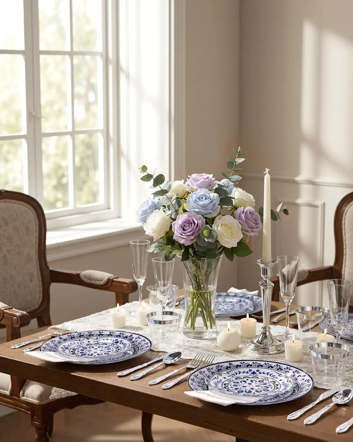 175PCS Blue Plastic Plates - Floral Disposable Dinnerware Set for 25 Guests, Include 50 Dinner & Dessert Plates, 75 Silver Cu