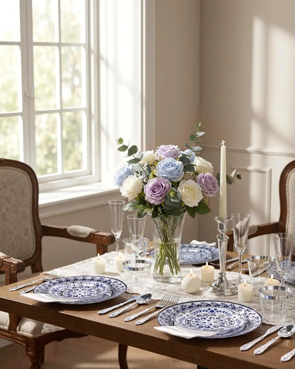 175PCS Blue Plastic Plates - Floral Disposable Dinnerware Set for 25 Guests, Include 50 Dinner & Dessert Plates, 75 Silver Cu