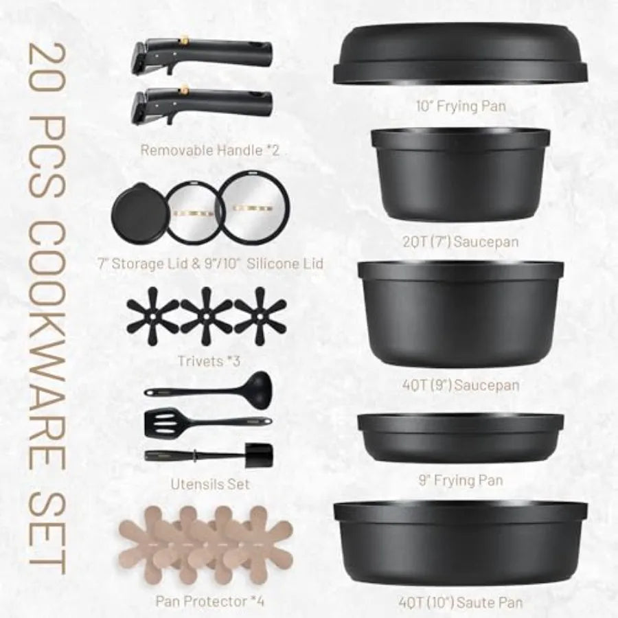 20pcs Pots and Pans Set Non Stick, Nonstick Cookware Set, Dishwasher/Oven/Fridge Safe Pots and Pans, Removable Handle RV Oven S