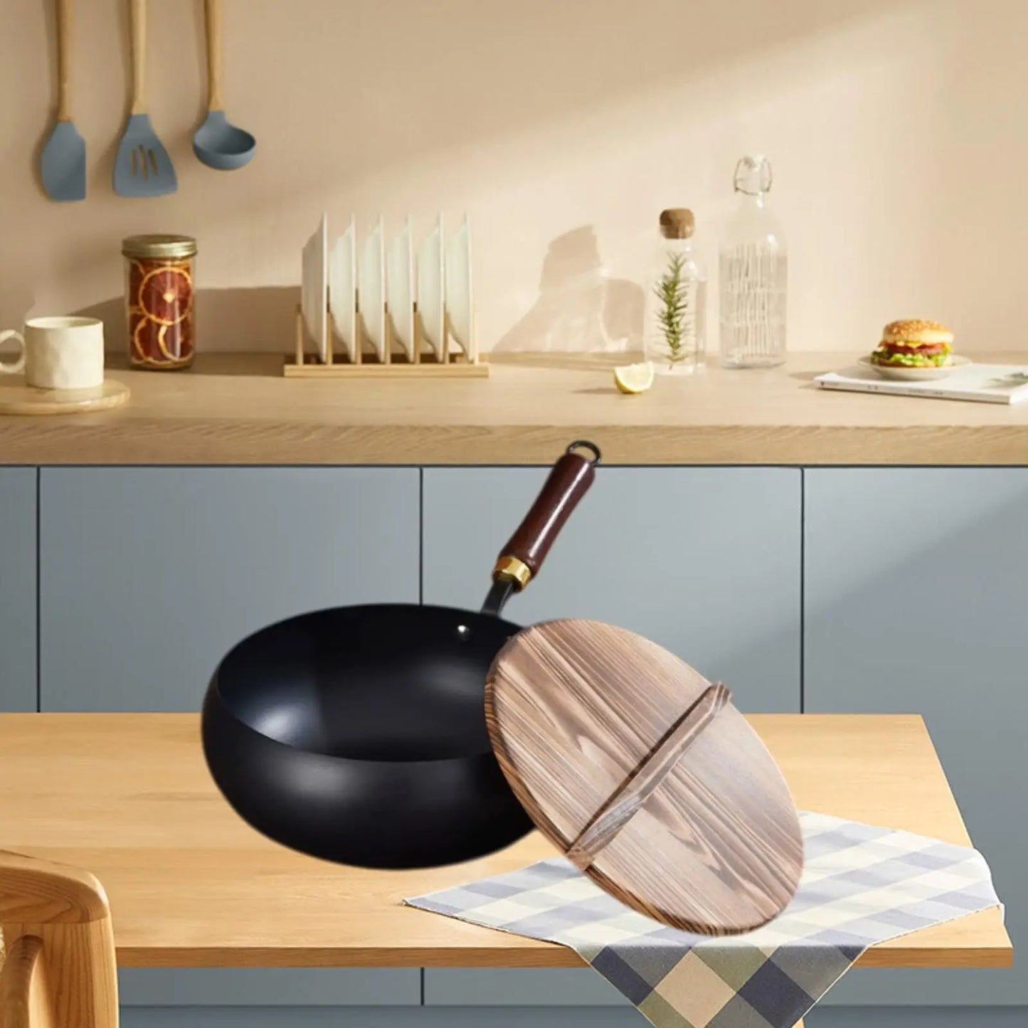 Nonstick Wok, Chinese Wok, Flat Bottom Cookware Stir Fry Pan with Wooden Lid for Kitchen Home Restaurant