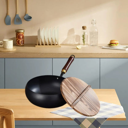 Nonstick Wok, Chinese Wok, Flat Bottom Cookware Stir Fry Pan with Wooden Lid for Kitchen Home Restaurant