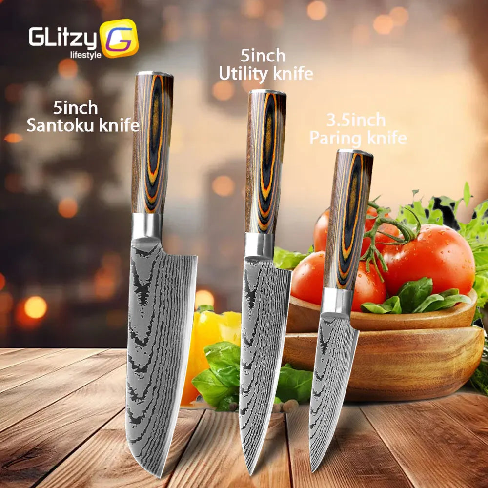 Kitchen Knife Set Professional Chef Knife 7CR17 Germany Stainless Steel Damascus Laser Meat Cleaver Slicing Santoku Cutter Tools