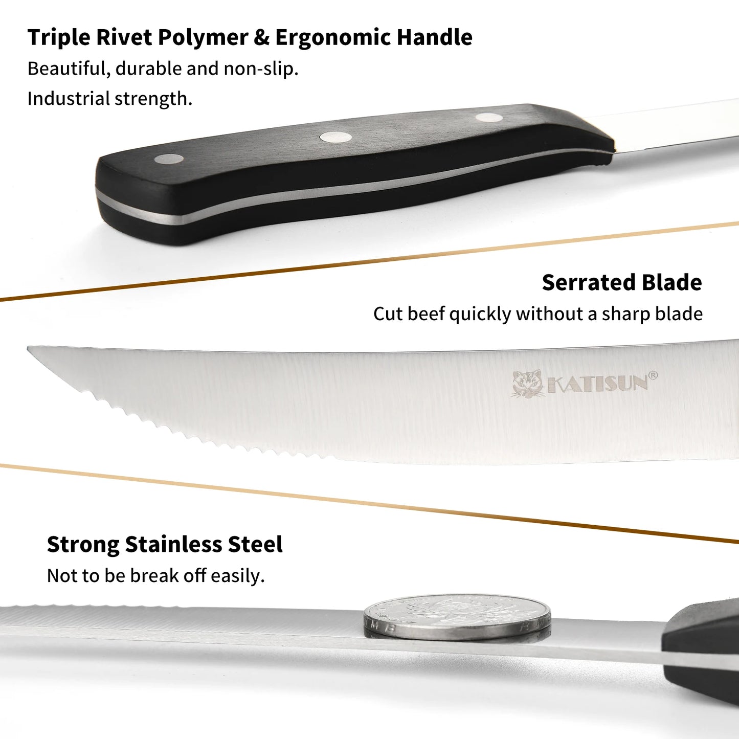 8 Pieces 5 Inch Steak Knives Set, Pointed Tip Serrated Steak Knives With POM Triple Rivets Handle, Dishwasher Safe