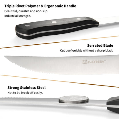 8 Pieces 5 Inch Steak Knives Set, Pointed Tip Serrated Steak Knives With POM Triple Rivets Handle, Dishwasher Safe