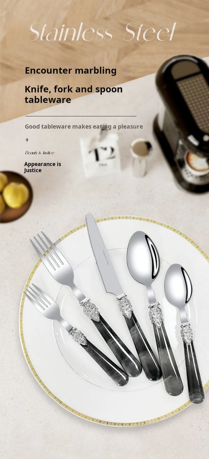 20/30pcs Flatware Set Stainless Steel Plastics Marbling Handle Cutlery Tableware Knife Fork Spoon Dishwasher Safe Dinnerware