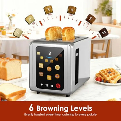 Full Touch Screen 2-Slice Stainless Steel Toaster with 1.5'' Wide Slot Digital Timer 6 Bread Types 6 Shade Settings Crumb