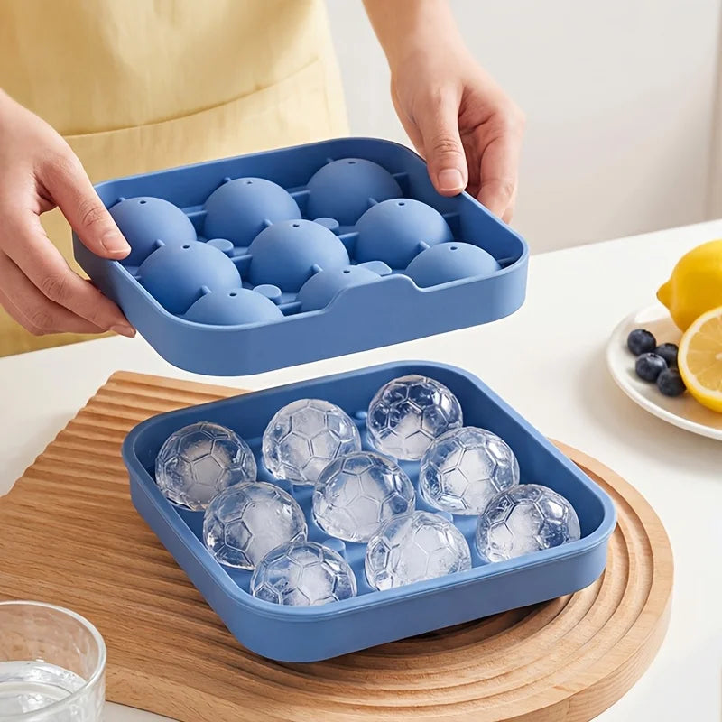 9-Hole Silicone Soccer Ball Cube of Ice Tray with Lid Round Ice Ball Mold for Whiskey for Home Bars And Sports-Themed Parties