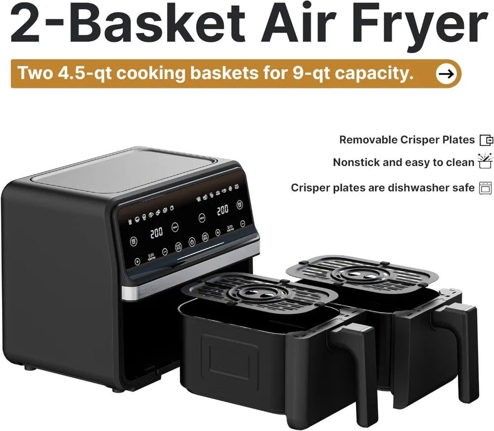 Dual Air Fryer 9QT (2x4.5QT) 2200W, 2 Independent Baskets, Sync & Match Cooking for Family