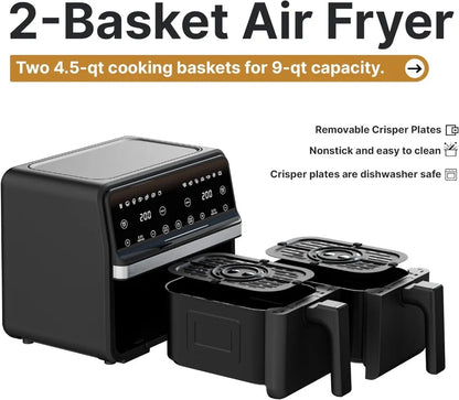Dual Air Fryer 9QT (2x4.5QT) 2200W, 2 Independent Baskets, Sync & Match Cooking for Family
