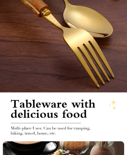24Pcs Dinnerware Sets Original Nature Bamboo Handle Cutlery Stainless Steel Knife Fork Spoon Purely Natural Bamboo Tableware Set