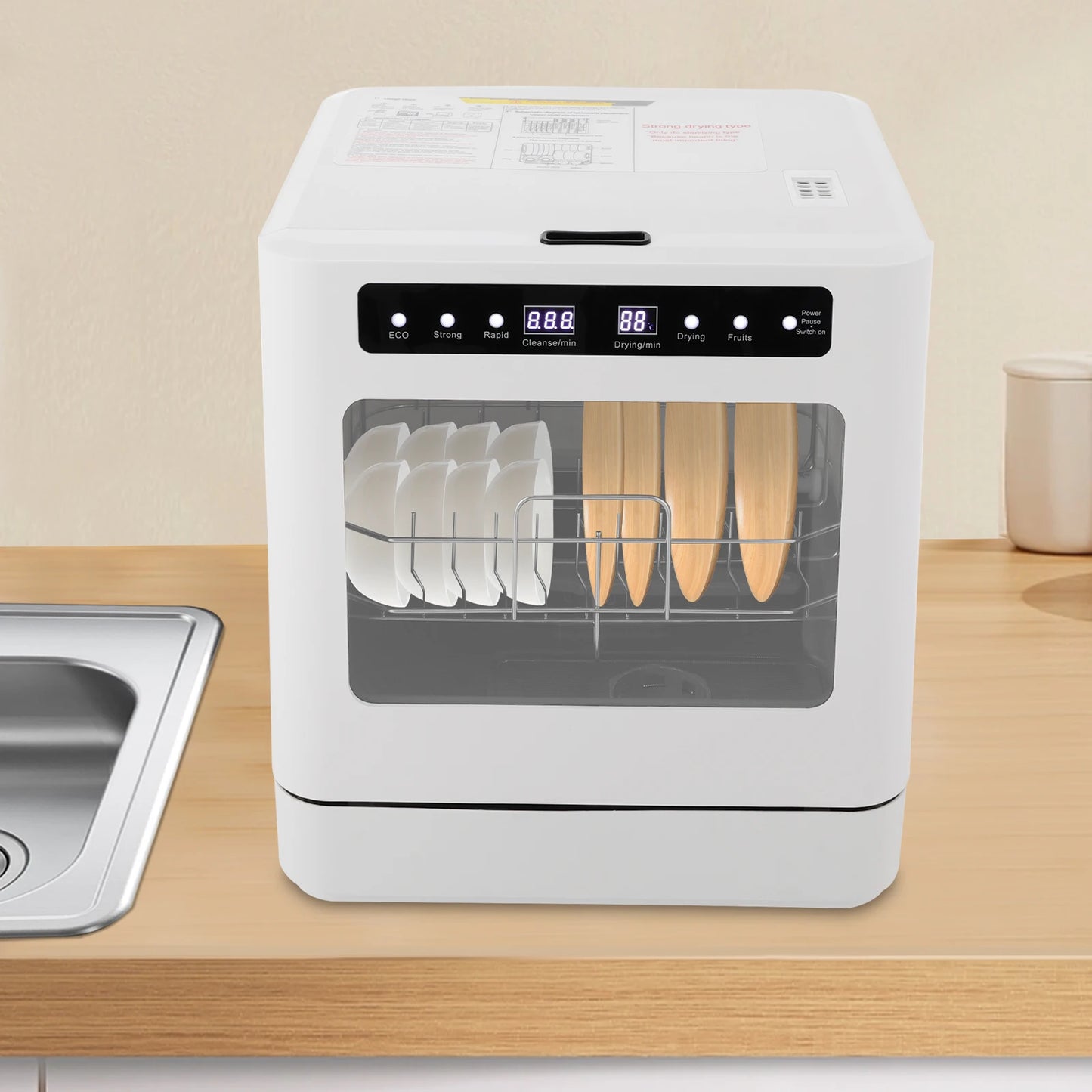 Portable Mini Countertop Dishwasher 39*43*46cm/15.35*16.92*18.11in- US Standard Household Energy-Saving Efficient with LED Display Bowl Rack Chopsticks Rack
