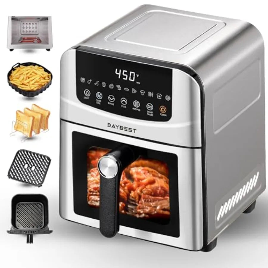 Stainless Steel Air Fryer for Kitchen Use, Silver, Ceramic Non-Stick Teflon-Free Coating, 12-in-1 Functionality with Dual Heati