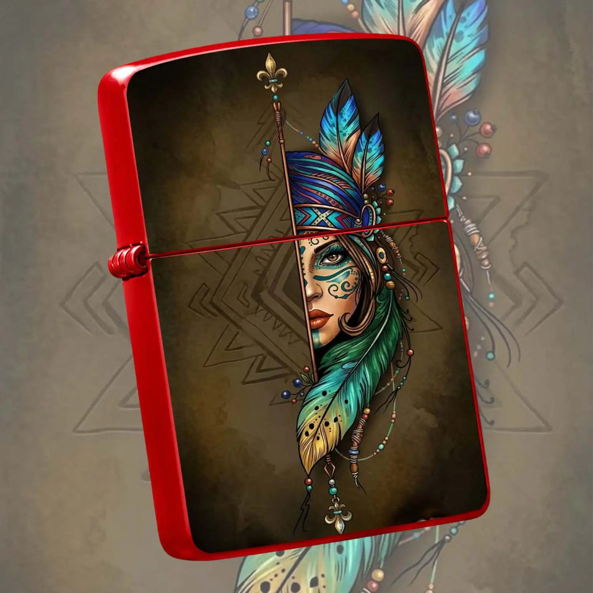 Creative Lighter with Tribal Totem Feather Half-Faced Lady Pattern Retro Art Style Decorative Igniter Portable Stylish Accessory Daily Carry Practical Item Unique Exquisite Gift for Friends Family Suitable  A Humorous and Int