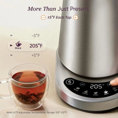 1.7L Stainless Steel Electric Kettle with 5 Temperature Presets, Fast Boil, 2 Lid Openings, and 60-Minute Keep Warm Feature
