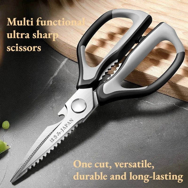 Professional Japanese stainless steel kitchen scissors: ultra-sharp for effortlessly cutting bones, meat and vegetables.