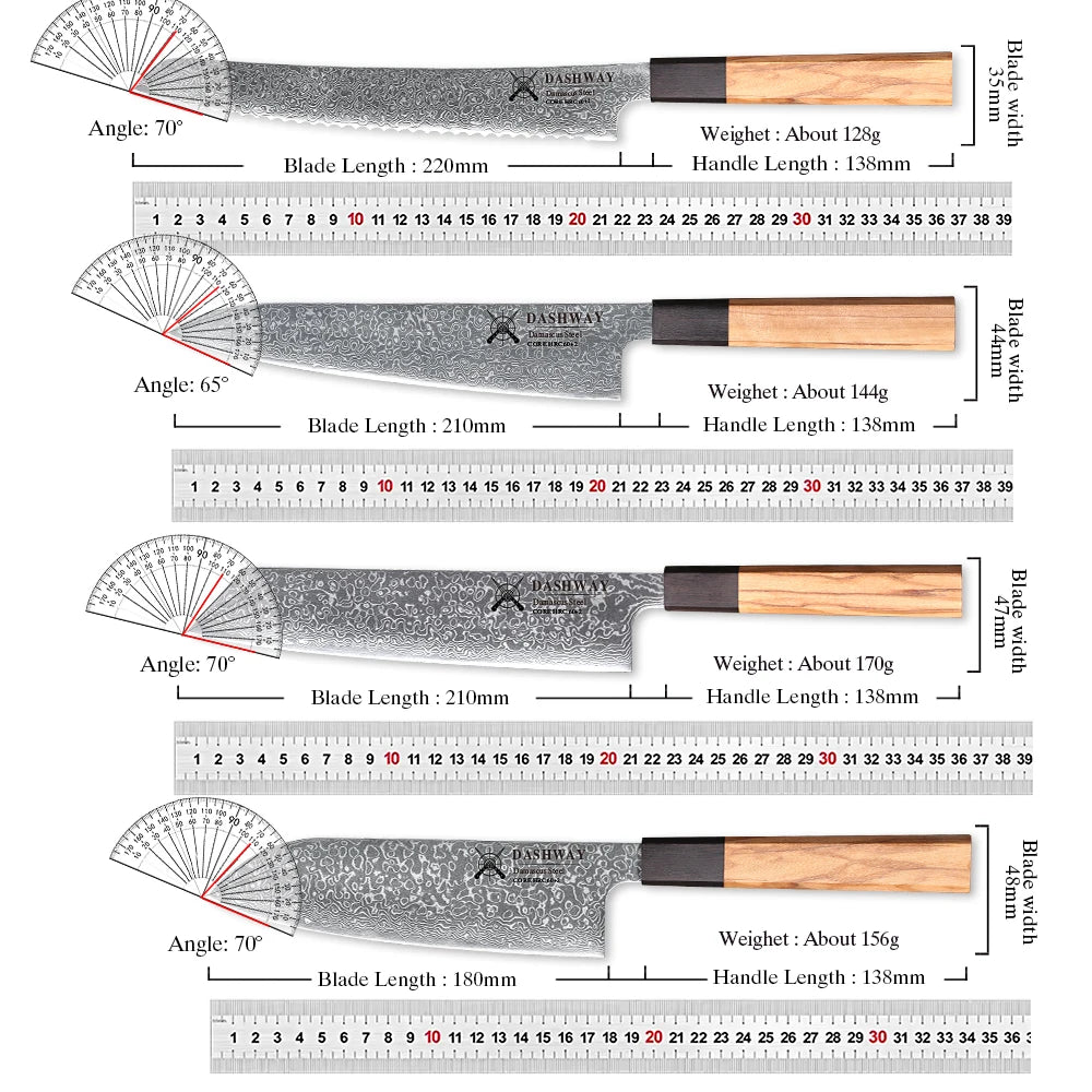 DASHWAY 1PC-7PCS Professional Kitchen Knives Set Utility Santoku Bread Japanese Handmade 67 Layer Damascus Steel Chef Knife