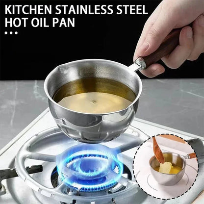 Mini Oil Pouring Pot with Wooden Handle 304 Stainless Steel Milk Pan Kitchen Butter Baking Measuring Pots for Household Cooking