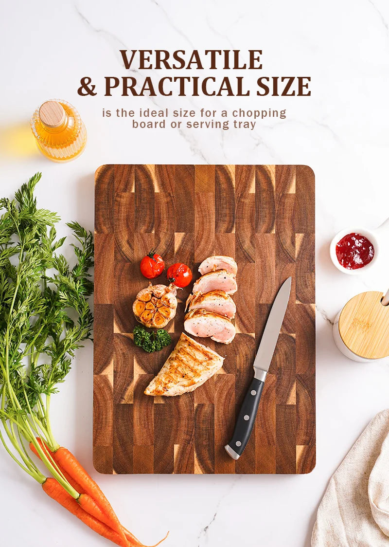 High Quality 15 inch Rectangular Cutting Board End Grain Acacia Wood Chopping Board with Side Handle