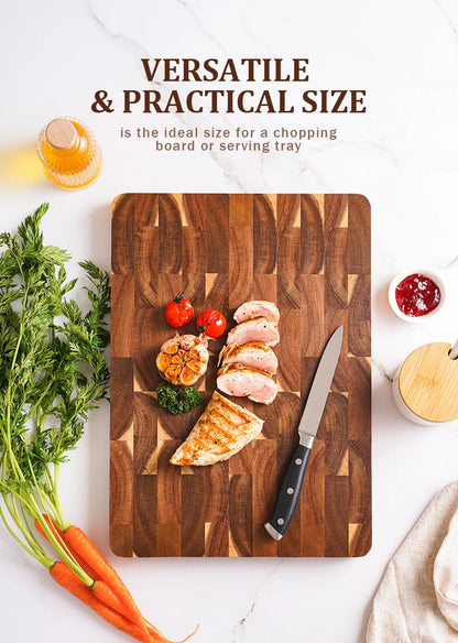 High Quality 15 inch Rectangular Cutting Board End Grain Acacia Wood Chopping Board with Side Handle