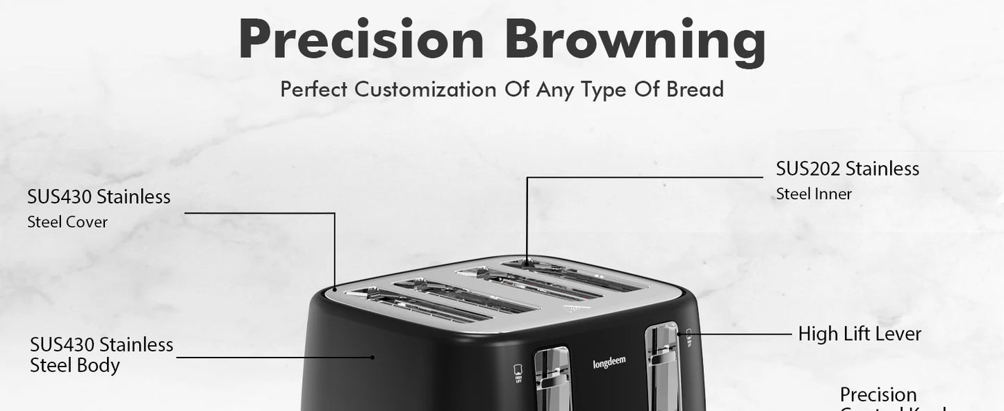 4 Slice Toaster, 1.5" Extra Wide Stainless Steel Slots, Dual Controls, Removable Crumb Tray, 6 Shade Settings, Black