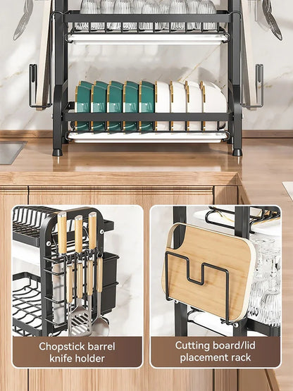 2 Tier Dish Drying Rack Compact Kitchen Dish Rack Rust-Proof Carbon Steel Dish Drainer Drainboard Tableware Water Filter Rack