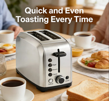 2 Slice Stainless Steel Toaster 1.5" Wide Slot 5 Browning Settings Bagel Defrost Cancel Function