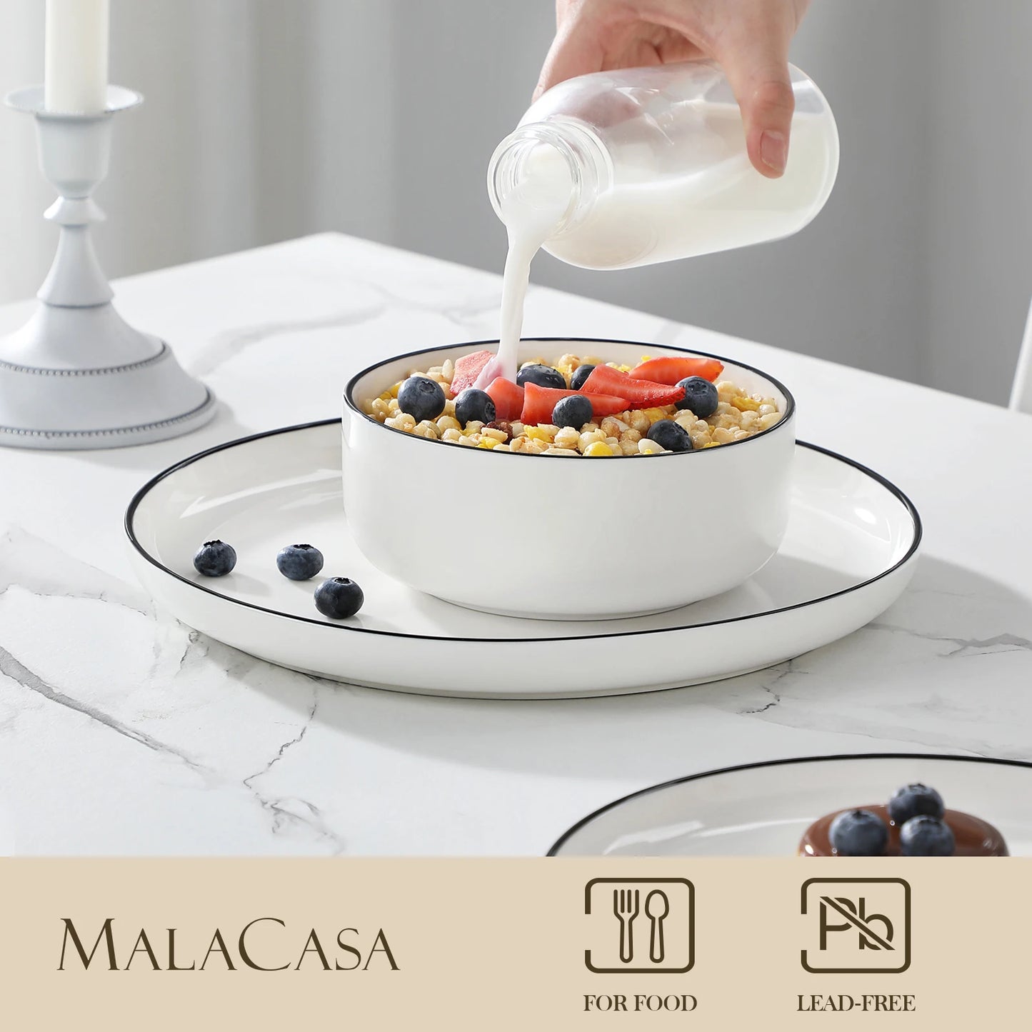 MALACASA 12/24 Piece Black Rim Ceramic Porcelain Dinnerware Set with 4/8 Pcs Dinner/Dessert Plates/Bowl Tableware Set for 4