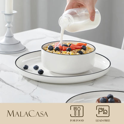 MALACASA 12/24 Piece Black Rim Ceramic Porcelain Dinnerware Set with 4/8 Pcs Dinner/Dessert Plates/Bowl Tableware Set for 4
