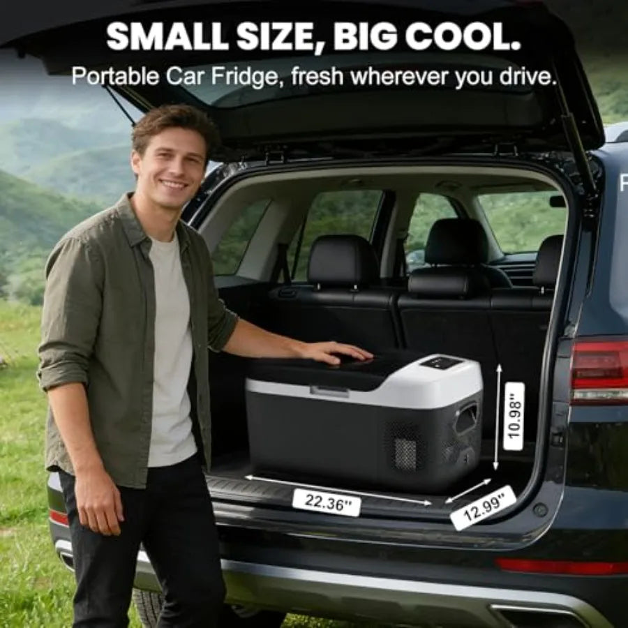 Portable car refrigerator for vehicle use, aluminum alloy body, black color, -4-68 smart Bluetooth control with battery protect