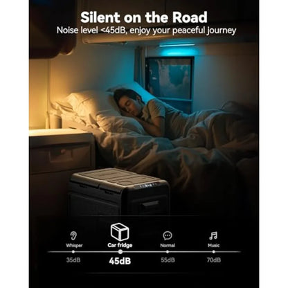 Car refrigerator for RV camping travel home use, aluminum alloy body, black, dual-zone cooling with APP control and wide temper