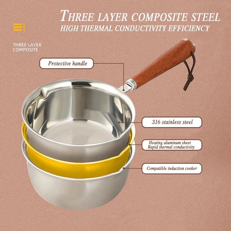 316Stainless Steel Oil Pot Mini Hot Milk Pan Frying Pan Wooden Handle Small Saucepan Boiling Butter Melt Pot Kitchen Accessories