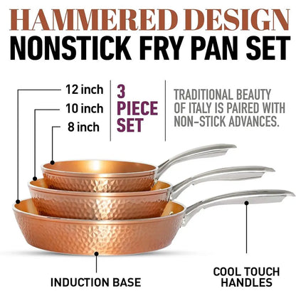 3-Piece Nonstick Copper Pan Set: 8, 10, 12 Skillets, Omelet Pan, Dishwasher Safe, Cool Touch Handles
