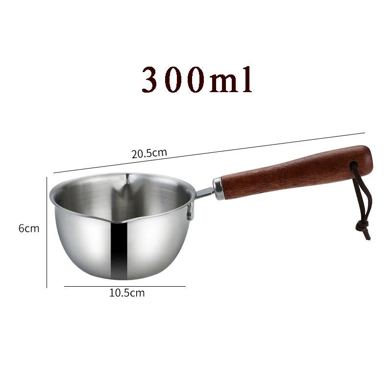 Mini Oil Pouring Pot with Wooden Handle 304 Stainless Steel Milk Pan Kitchen Butter Baking Measuring Pots for Household Cooking