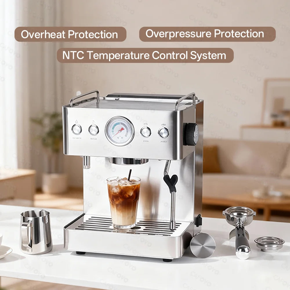 CAFOVO E129 Semi-automatic Coffee Machine Dual Boiler Dual Pump 20 Bar Espresso Machine with Pressure Gauge for Barista