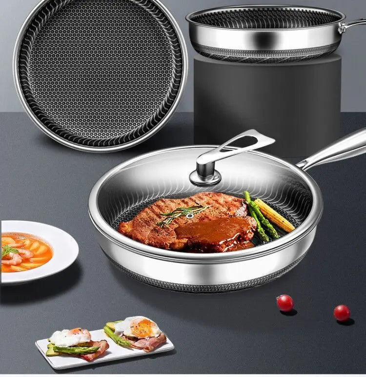 German 316L Stainless Steel Pan Honeycomb flat bottom Non-stick Skillet Frying Uncoated Induction Cooker Gas General Purpose